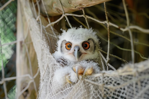 Foto lindo pájaro búho blanco dentro de las redes