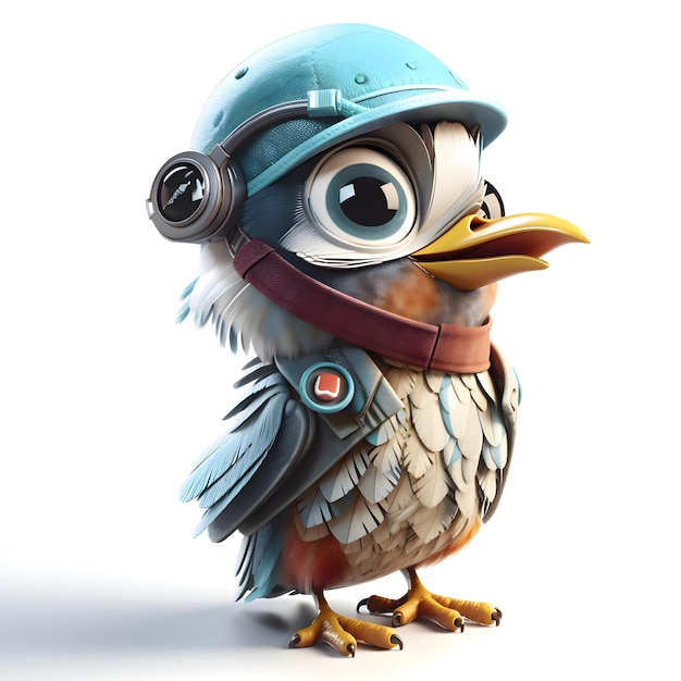 Lindo pájaro con casco y auriculares Ilustración 3D