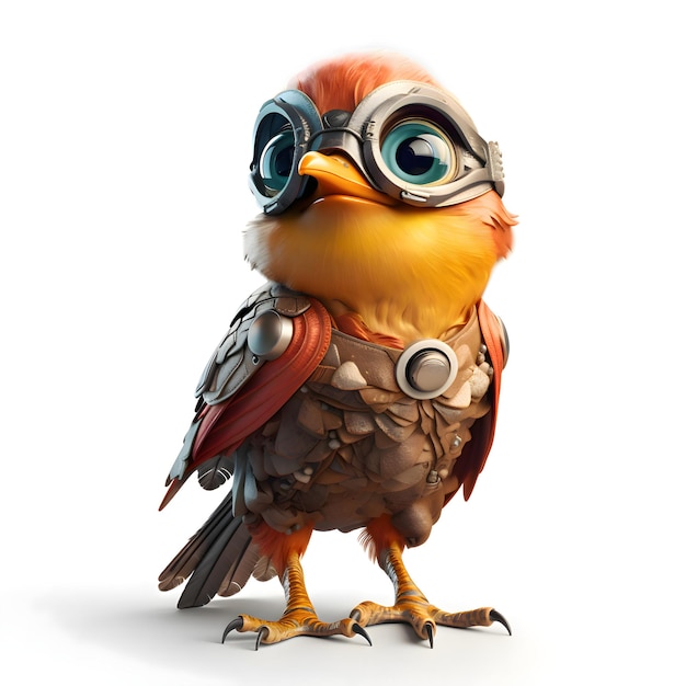 Lindo pájaro con casco y gafas aisladas sobre fondo blanco ilustración 3D