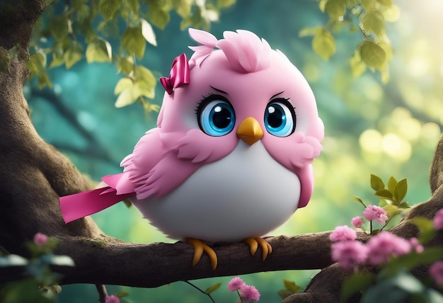Un lindo pájaro de dibujos animados con ojos azules y alas rosas de pie en el árbol