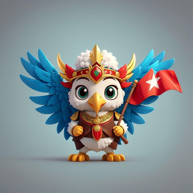 El lindo pájaro Garuda sosteniendo la bandera de Indonesia Icono de dibujos animados vectorial Ilustración Icono de educación animal Concepto aislado Estilo de dibuyos animados plano vectorial premium