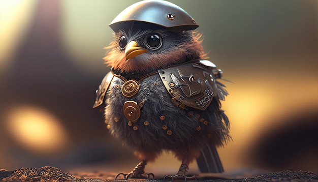 Lindo pájaro joven con armadura de guerra AI generativo