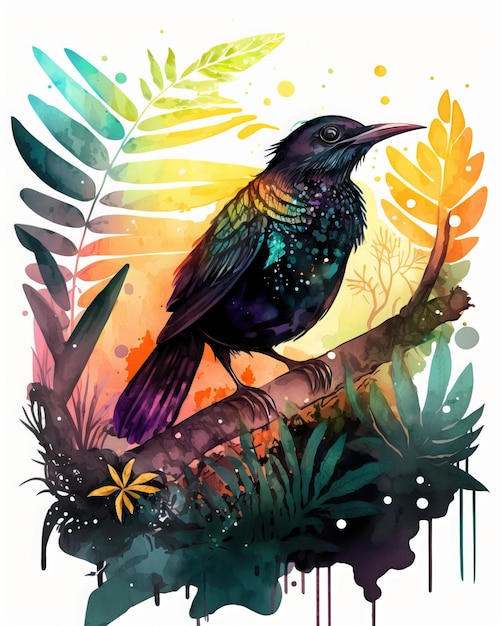 un lindo pájaro negro, en la selva tropical, tinta e ilustración de acuarela