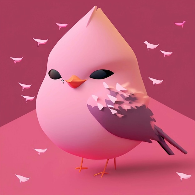 Lindo pájaro con personaje de dibujos animados de bufanda rosa sobre fondo de color rosa pastel IA generativa