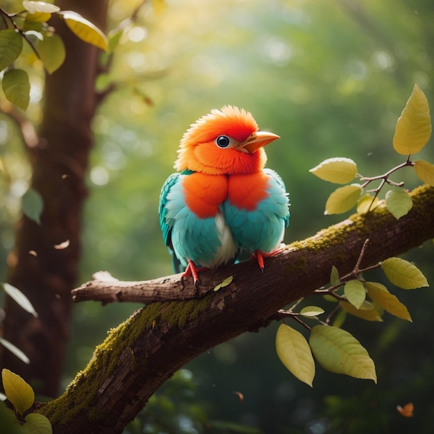 y un lindo pájaro sentado en el árbol en el bosque