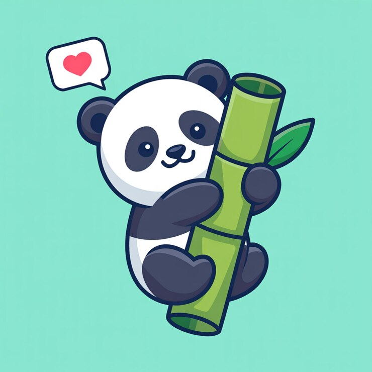 Foto un lindo panda abrazando un tallo de bambú con una burbuja de habla de corazón en un fondo de arte vectorial azul claro