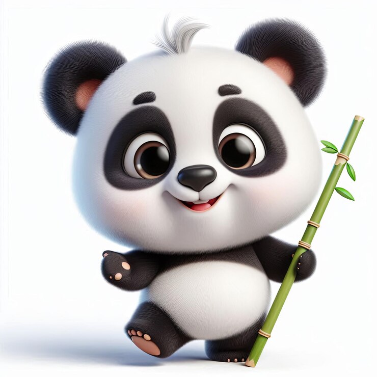 Foto lindo panda alegre con un personaje de palo de bambú 3d