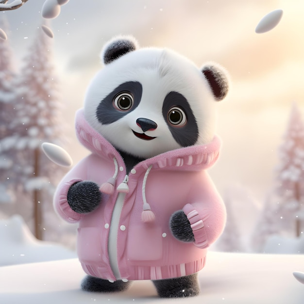 Lindo panda con una chaqueta rosa en el bosque de invierno generado por Ai