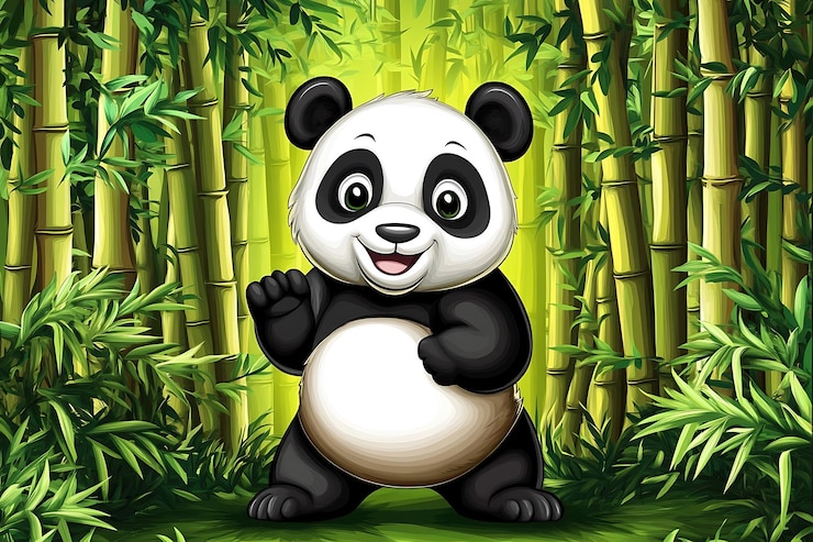 Foto un lindo panda chino de pie frente a una imagen ilustrada de un bosque de bambú