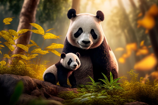 Lindo panda com um bebê panda feliz juntos na ilustração digital realista do parque chinês Generative AI