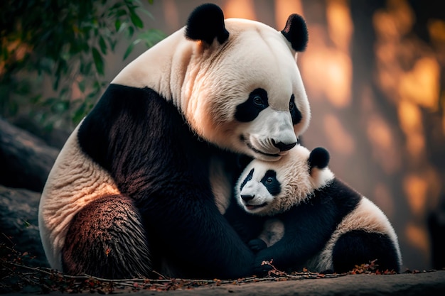 Lindo panda com um bebê panda feliz juntos na ilustração digital realista do parque chinês Generative AI