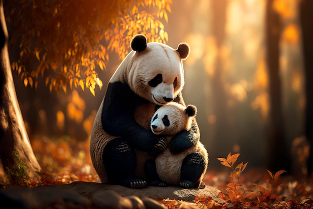 Lindo panda com um bebê panda feliz juntos na ilustração digital realista do parque chinês Generative AI