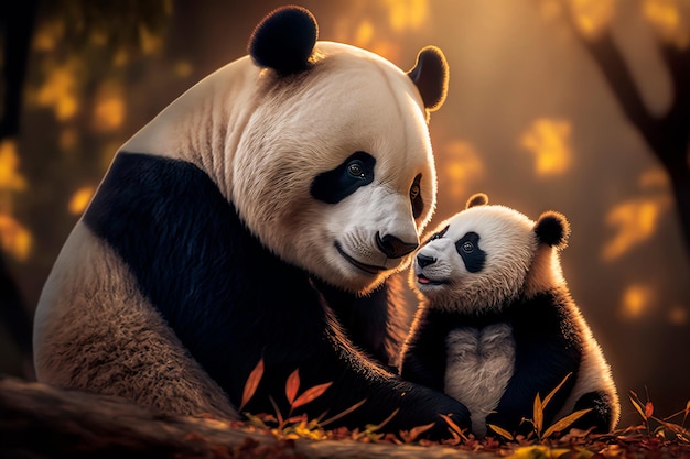 Lindo panda com um bebê panda feliz juntos na ilustração digital realista do parque chinês Generative AI