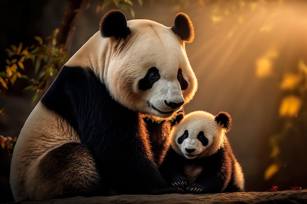 Lindo panda com um bebê panda feliz juntos na ilustração digital realista do parque chinês Generative AI