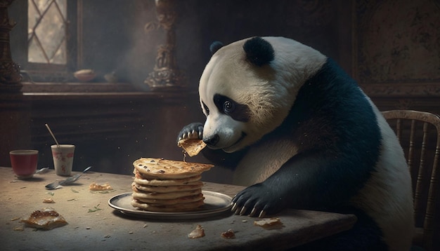 Lindo panda comiendo panqueques comida Ai generó arte