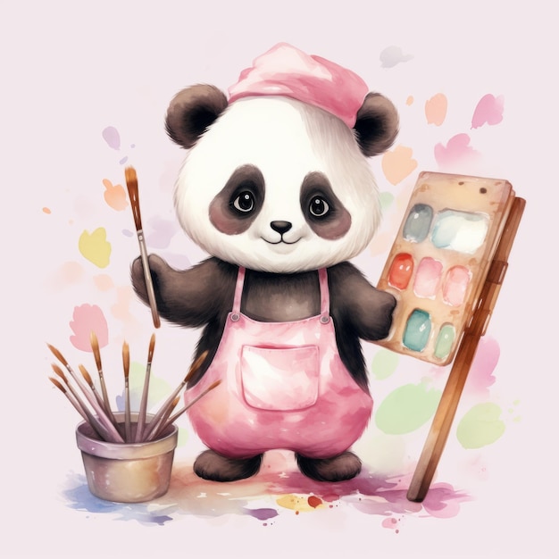 Lindo panda en un delantal con un pincel y una paleta de pinturas.