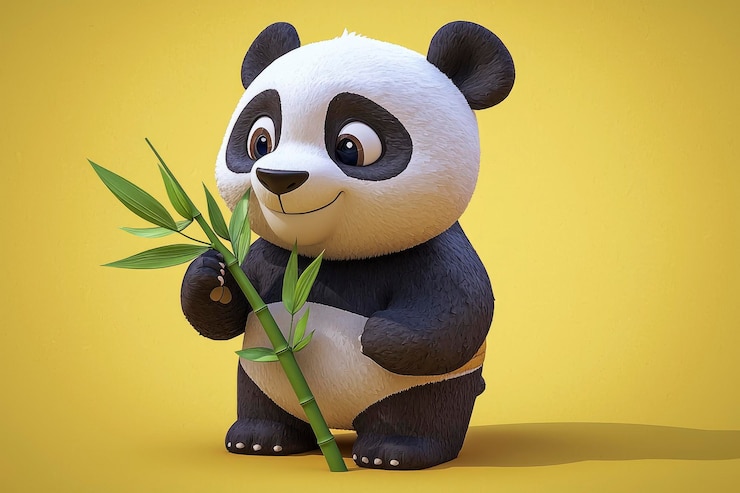 Foto el lindo panda de dibujos animados con el bambú