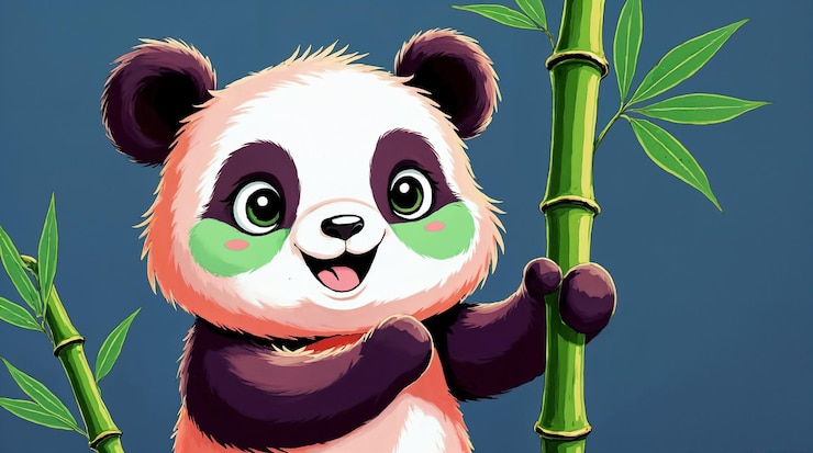 Foto el lindo panda de dibujos animados con bambú