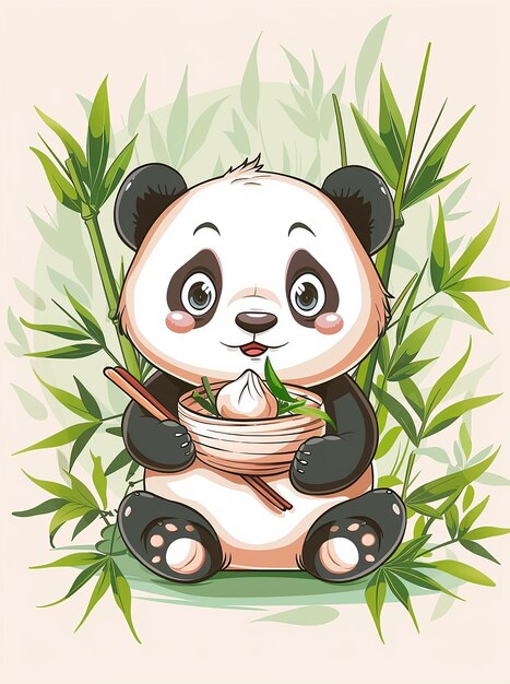 El lindo panda de dibujos animados comiendo dumplings