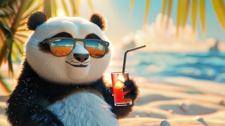 Foto un lindo panda de dibujos animados con gafas de sol y disfrutando de una copa en una playa