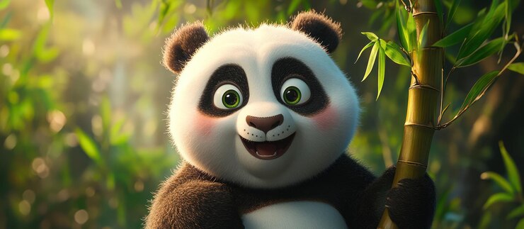 Foto un lindo panda de dibujos animados con ojos grandes y una sonrisa mirando a la cámara en un bosque de bambú