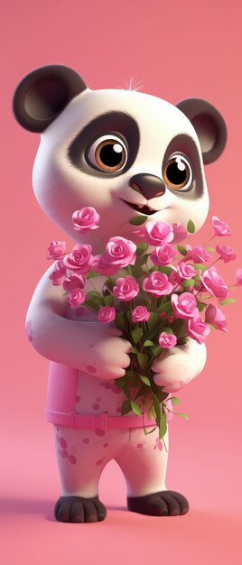 Lindo panda de dibujos animados con ojos muy grandes sosteniendo un ramo de flores un fondo rosa IA generativa