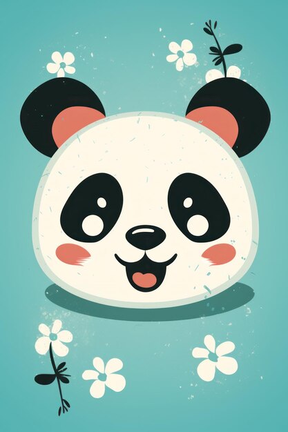 Foto lindo panda feliz con flores en el cartel de fondo azul