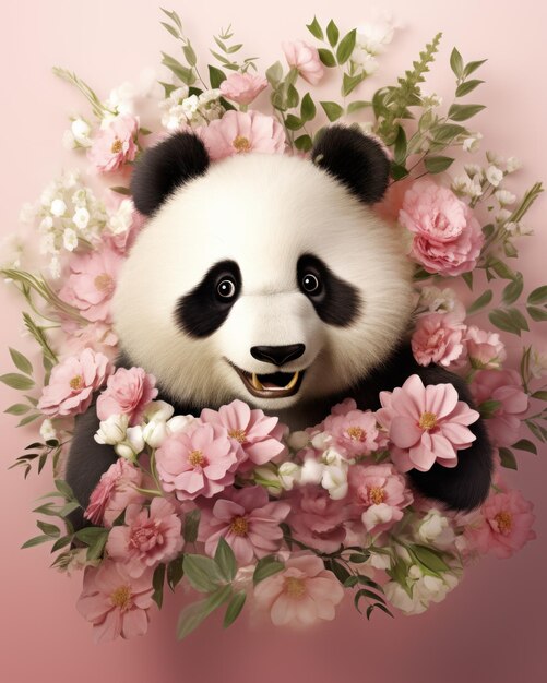 Lindo panda en flores de sakura marco creativo diseño de tarjetas de felicitación navideña concepto de día de San Valentín