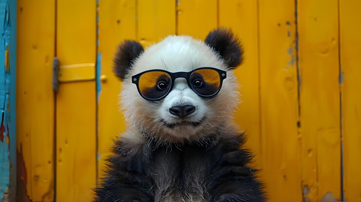 Foto un lindo panda con gafas de sol frente a un fondo de madera amarilla
