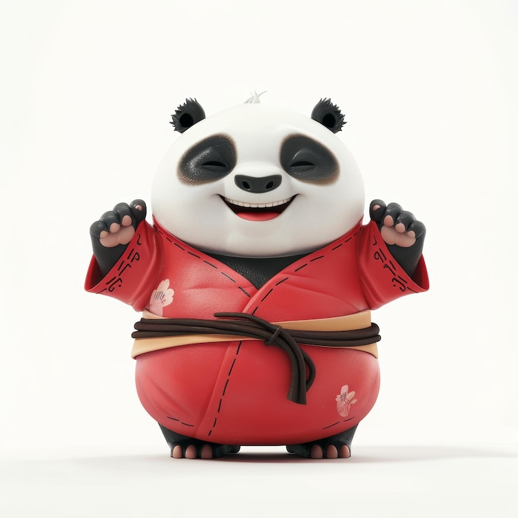 Foto un lindo panda en un gi de karate rojo con una gran sonrisa listo para luchar