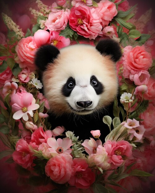 Lindo panda en el marco de flores de sakura diseño creativo de tarjetas de felicitación de vacaciones concepto de día de San Valentín