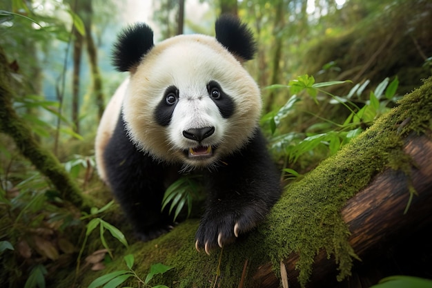 Lindo panda mira a la cámara desde detrás de arbustos verdes