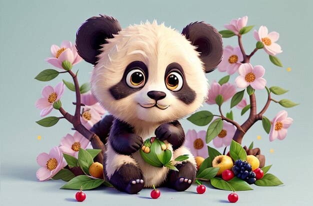 Lindo panda de ojos abiertos en 3D con flores y bayas a su alrededor IA generativa