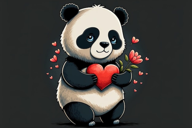 Lindo panda que lleva un emblema en forma de corazón del diseño del símbolo de la naturaleza animal del amor en un estilo de caricatura plano solitario