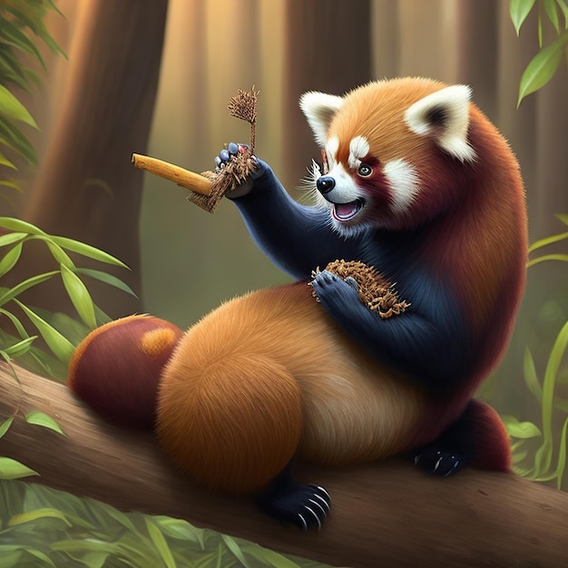 Un lindo panda rojo comiendo un bocadillo de bambú