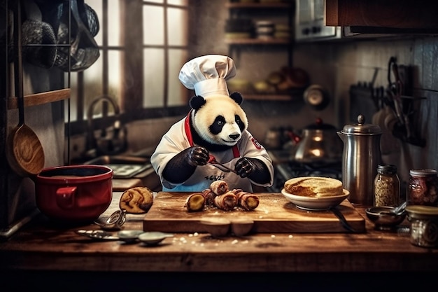 Lindo panda con sombrero de chef cocinando