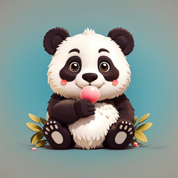 Lindo panda soplando chicle con la mano de la paz icono vectorial de dibujos animados ilustración icono de comida para animales aislado