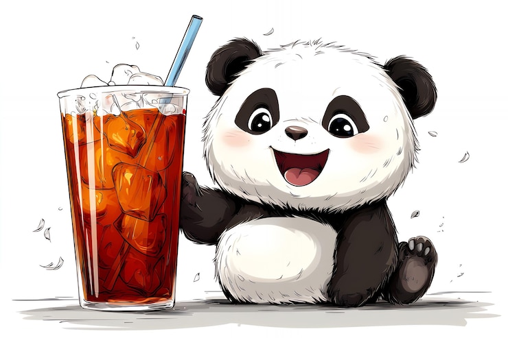 Foto el lindo panda con un vaso de té helado