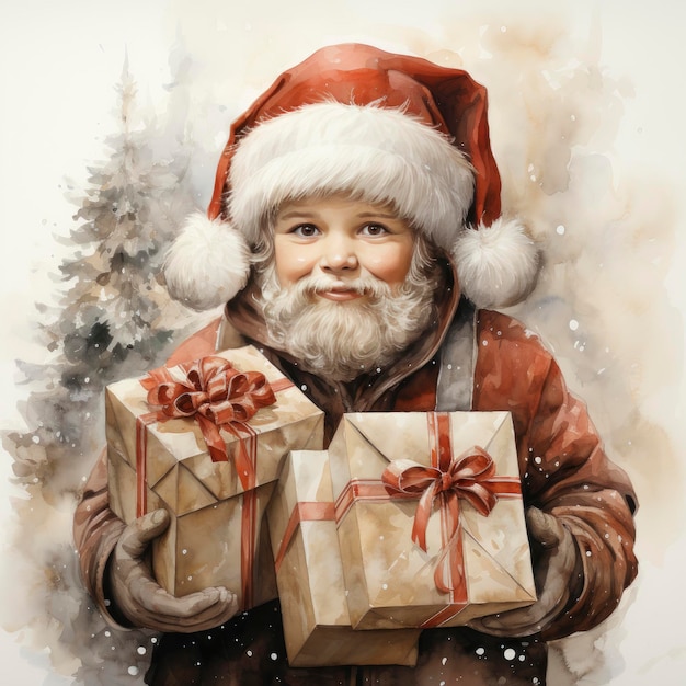 Lindo Papá Noel en acuarelas con fondo blanco llevando regalos de Navidad