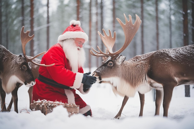 Lindo Papá Noel con ayudantes de renos descansando para tomar un refrigerio IA generativa