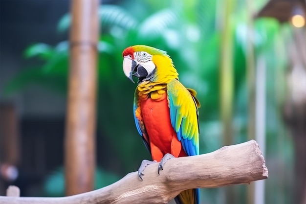 Lindo papagaio sentado em um galho e selva turva no fundo Dia Mundial do Papagaio