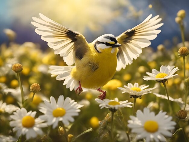 Foto lindo passarinho amarelo voa sobre um campo de flores margaridas brancas no verão ensolarado