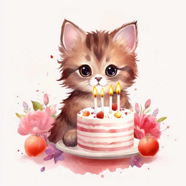 Lindo pastel de cumpleaños de gato estado de ánimo festivo gatito sonriente con pastel en cumpleaños