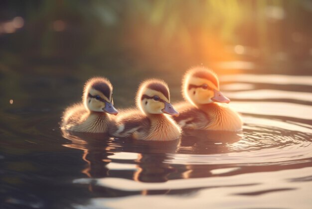 Lindo patito nadando en el río con luz solar borrosa fondo generativo ai