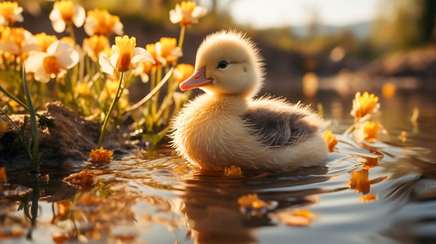 Lindo patito con plumas esponjosas disfruta del aire libre cerca de un estanque