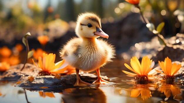 Lindo patito con plumas esponjosas disfruta del aire libre cerca de un estanque