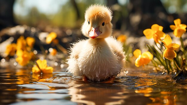 Lindo patito con plumas esponjosas disfruta del aire libre cerca de un estanque