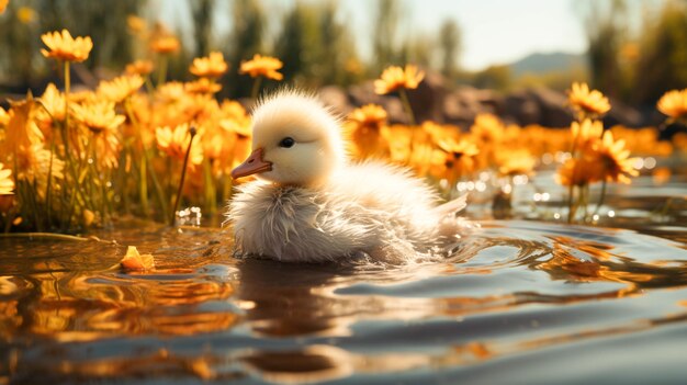 Lindo patito con plumas esponjosas disfruta del aire libre cerca de un estanque