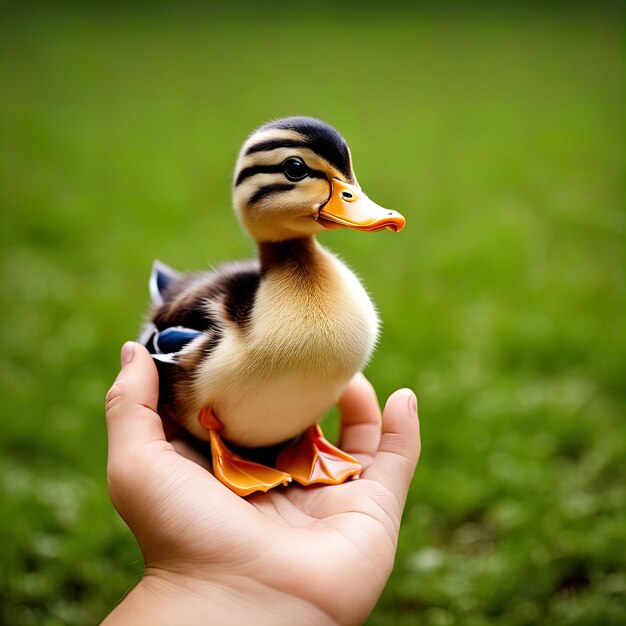 lindo pato con un pequeño juguetepato en la mano