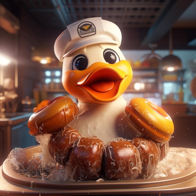 un lindo pato con un uniforme de chef cayendo